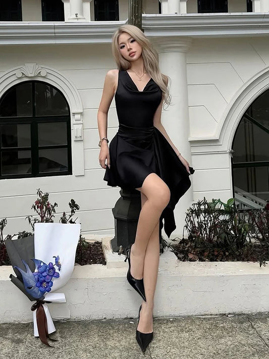 Irregular Hem Dress Women v-Neck Sleeveless Folds Skinny Solid Elegant Prom Party Summer Fashion Chic Mini Bodycon