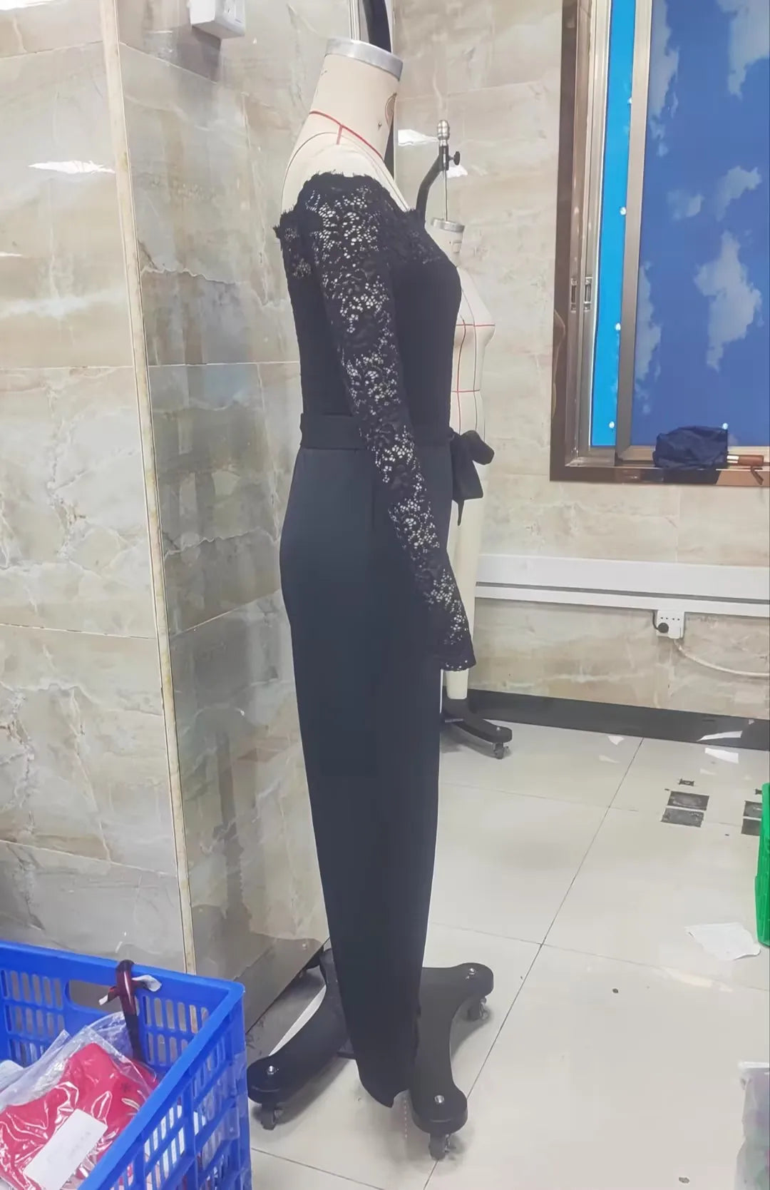 Women Off Shoulder Lace Long Sleeve Jumpsuit Waist Tie Sash Wide Leg Solid Black Elegant Party Formal Romper Outfit