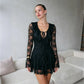 Tie Front Deep V Neck Long Sleeve Mini Dress Sexy Lace Black Fitted Autumn Dresses 2026 Woman Clothing