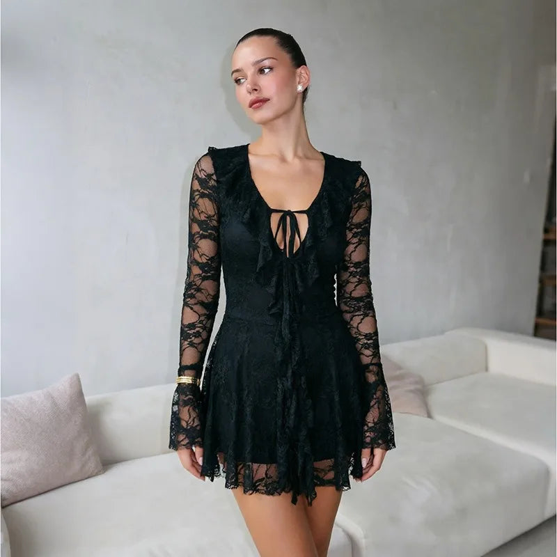 Tie Front Deep V Neck Long Sleeve Mini Dress Sexy Lace Black Fitted Autumn Dresses 2026 Woman Clothing