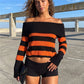 Women Off Shoulder Striped Knit Sweater Long Sleeve Distressed Ripped Hollow Out Loose Pullover Y2K Street Knitted Top