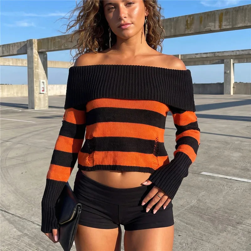 Women Off Shoulder Striped Knit Sweater Long Sleeve Distressed Ripped Hollow Out Loose Pullover Y2K Street Knitted Top