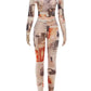 Colorful Print 2-Piece Set Women o-Neck Full Sleeve Crop Top+Elastic Waist Simple Pant See Through Sexy Street Suit