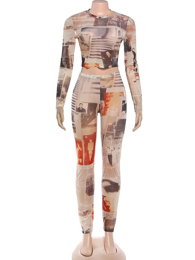 Colorful Print 2-Piece Set Women o-Neck Full Sleeve Crop Top+Elastic Waist Simple Pant See Through Sexy Street Suit