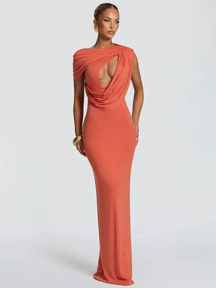 Cut Out One Shoulder Sexy Maxi Dress Women Elegant Draped Bodycon Evening Gown Club Party Long Formal Cocktail Dress