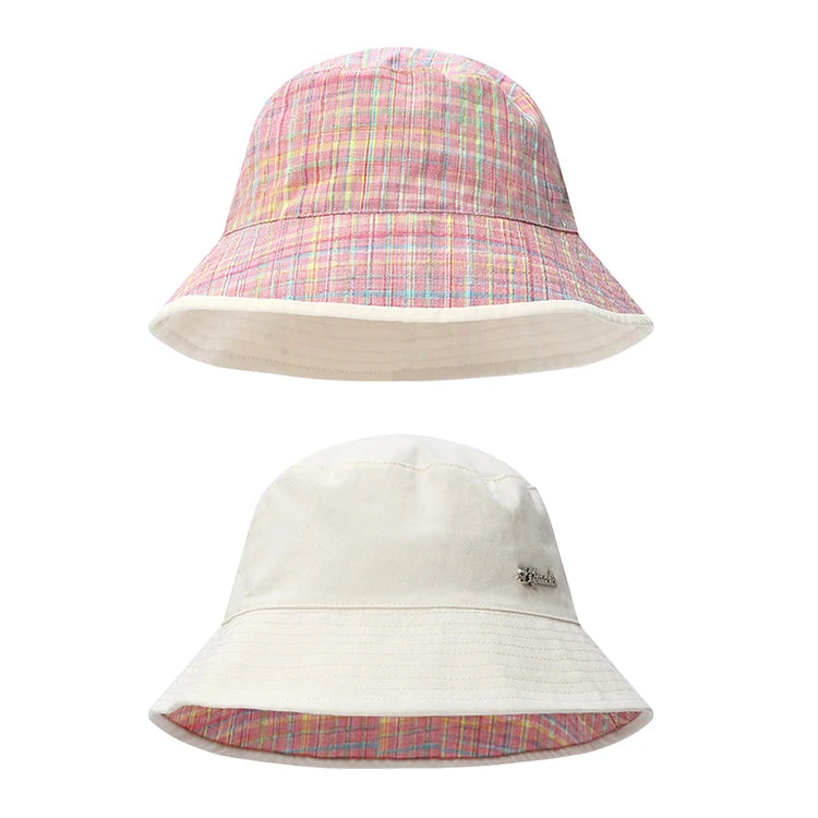 Reversible Pink Plaid & Beige Bucket Hat with Metal Logo for Women