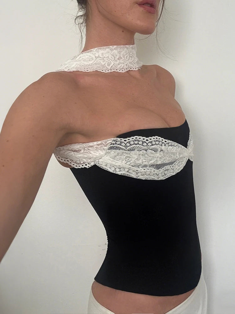 Halter Y2K Tank Top Women Patchwork Mesh Summer Trend Strapless Hollow Lace-Up Wild Beach Vacation Clubwear Camisole