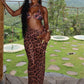 Leopard Print 2 Piece Set Women Lace-Up Halter Bra Tops+Irregular Hollow Waistless Maxi Dress Vacation Fashion Suit