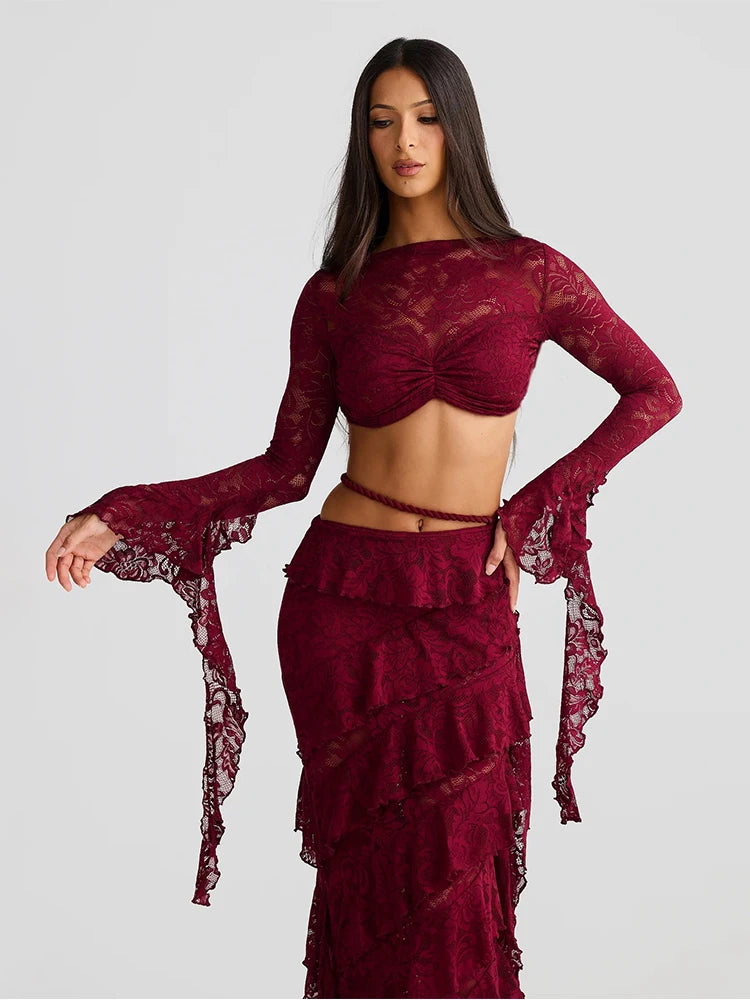 Jacquard 2 Piece Set Women Sexy Patchwork Crop Tops+Tierred Plait High Waist Skirts Matching Midnight Party Clubwear