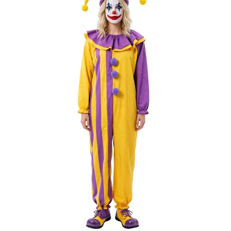 Adult Circus Clown Cosplay Costume Striped Long Sleeve Loose Jumpsuit Ruffled Collar Carnival Fancy Dress