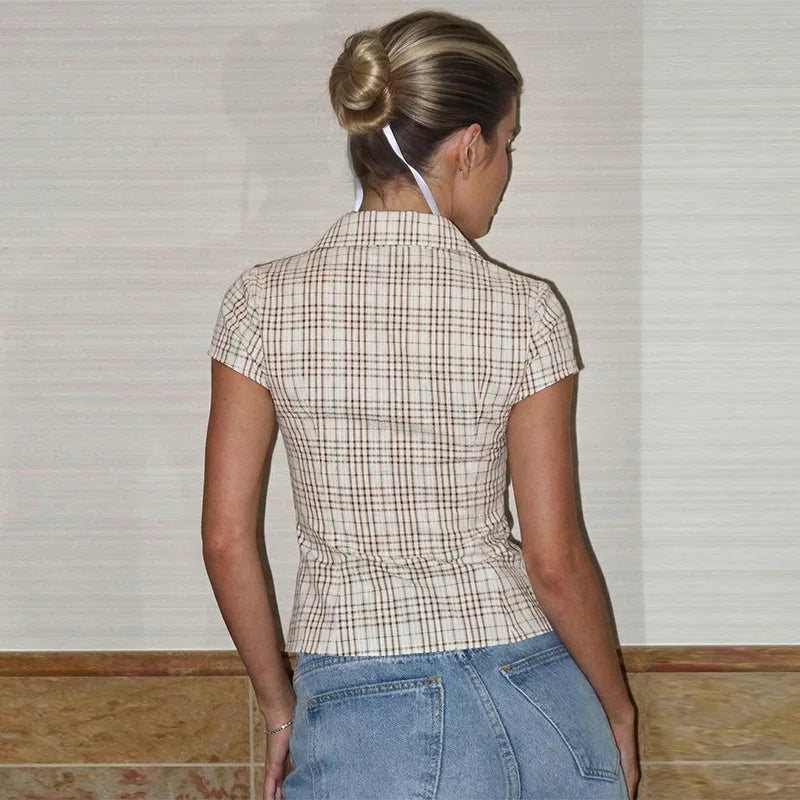 Fitted Button Up Shirt Plaid Print Short Sleeve Tops Y2k Vintage Summer Clothing for Woman 2026
