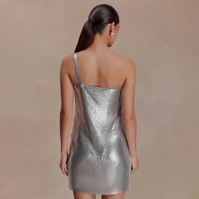One Shoulder Glow Mini Dress Birthday for Woman Sexy Silver Club Dresses Summer 2026