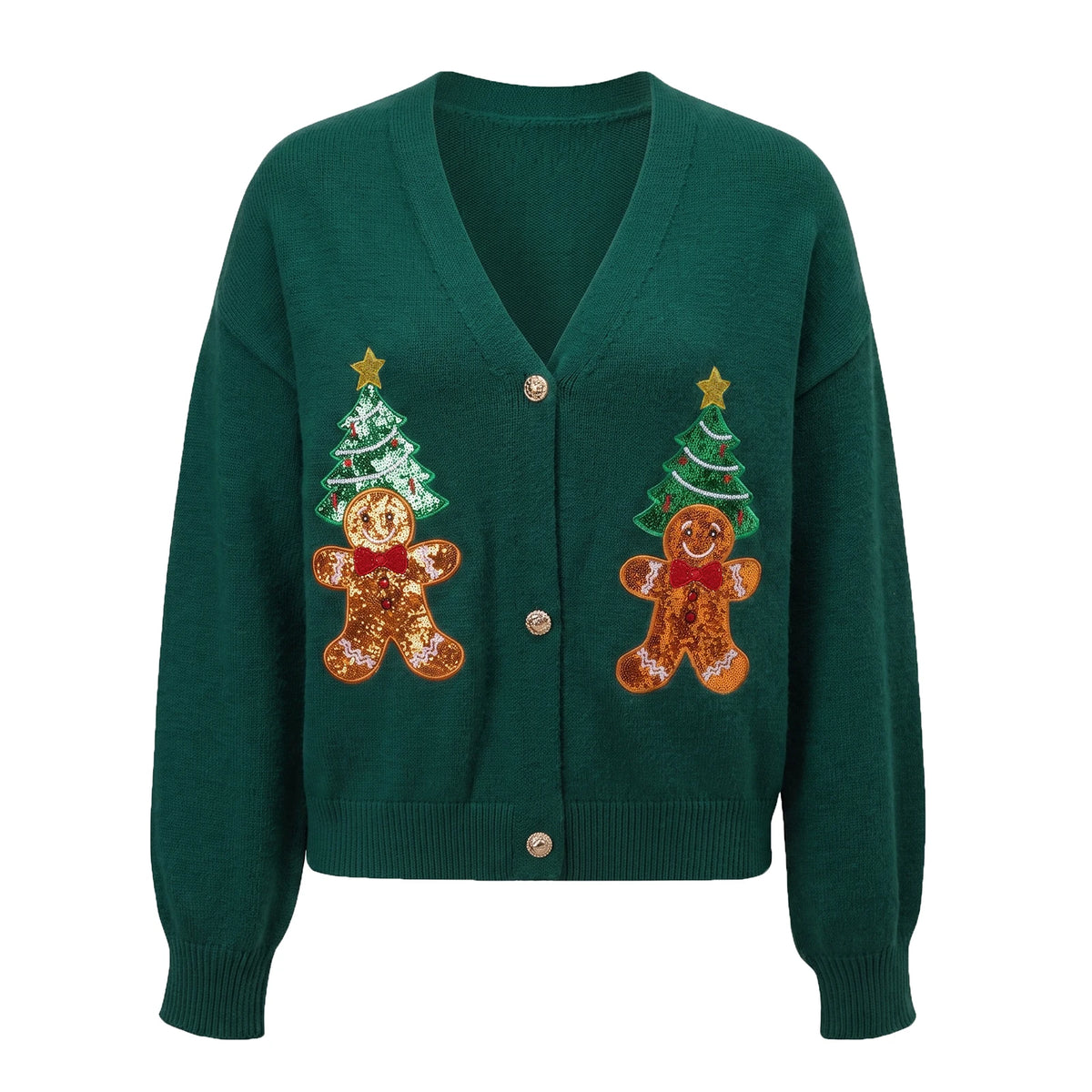 Womens Christmas Cropped Knit Cardigan V Neck Sequin Gingerbread Man Xmas Tree Patch Lantern Sleeve Button Down Sweater