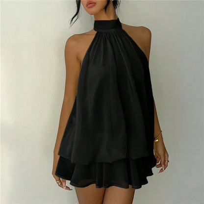 Elegant Women's Halter Neck Short Dress Summer Sleeveless Open Back Drop Waist Ruffle Mini Dress Beach Club Party Dress