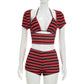 Womens Striped Shorts Set Casual Slim Fit Stylish Short Sleeve T-shirt Halter Bra and Mid Rise Shorts 3 Pcs Set Summer