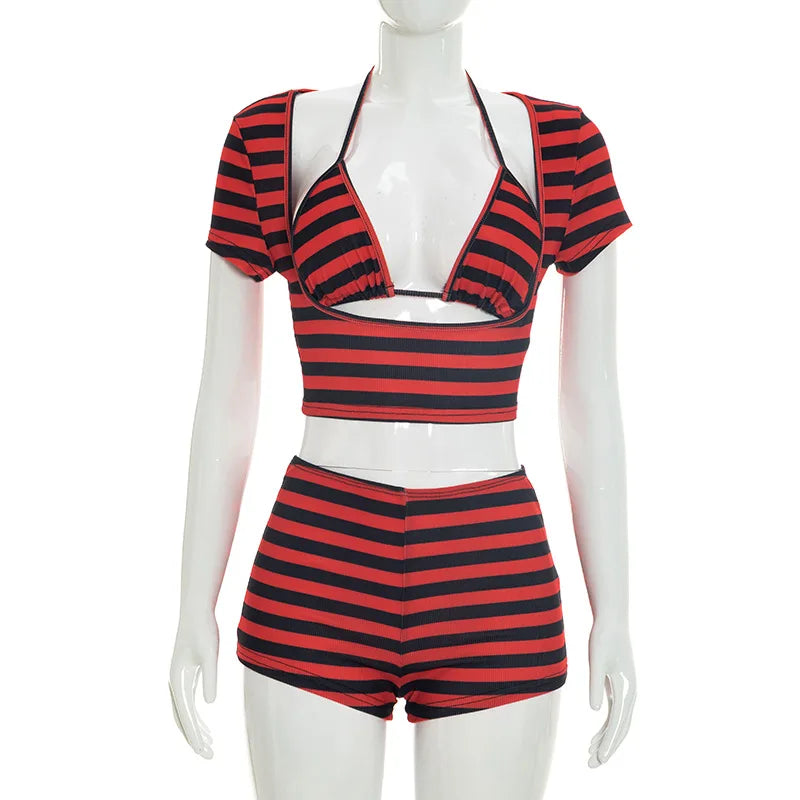Womens Striped Shorts Set Casual Slim Fit Stylish Short Sleeve T-shirt Halter Bra and Mid Rise Shorts 3 Pcs Set Summer