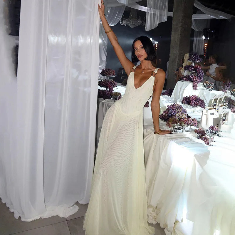 Elegant Mesh Deep V Sleeveless Backless Maxi Dress Sexy Summer Wedding Guest Party Dresses Woman 2025
