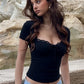 Women's T-shirts Bow Tie Lace Trim Square Neck Short Sleeve Crop Tops for Woman Sexy Summer Clothes 2026