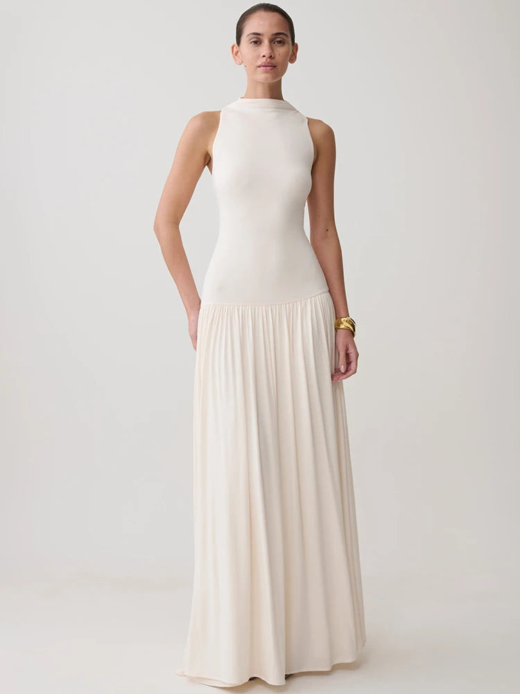 Women Sleeveless High Neck Sexy Maxi Dress Pleated Long Dress Elegant Drop Waist Club Party Evening Long Dresses