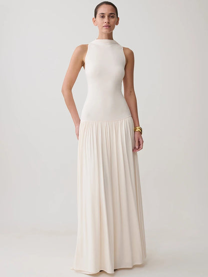 Women Sleeveless High Neck Sexy Maxi Dress Pleated Long Dress Elegant Drop Waist Club Party Evening Long Dresses