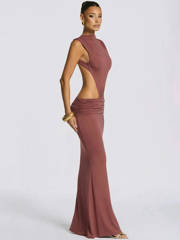 Women Cutout Backless Sexy Maxi Dress Elegant High Neck Sleeveless Ruched Bodycon Club Party Beach Long Dress Fashion