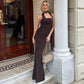 Halter Backless Long Maxi Dresses for Elegant Woman Brown Mesh Party Dress