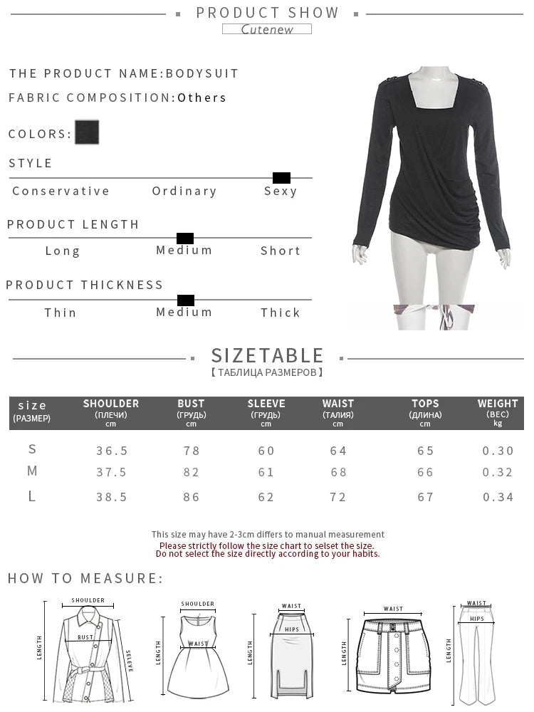 Button Decoration t-Shirt Women Square Collar Full Sleeve Folds Solid Leisure Classic Simple Comfortable Streetwear