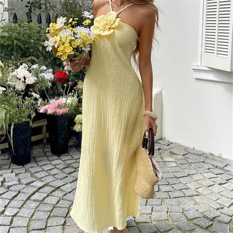 Women's 3D Flower Halter Maxi Dress Crinkled Textured Fabric Sleeveless Flowy Long Dress for Casual Summer Wear
