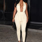 Sexy Backless Jumpsuits Woman Halter Deep V-Neck Sleeveless Skinny Peach Hip Midnight Club Party Fashion Overalls