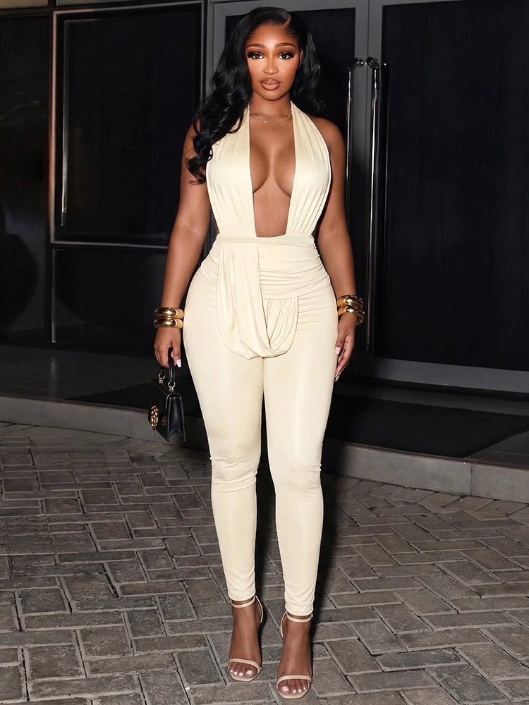 Sexy Backless Jumpsuits Woman Halter Deep V-Neck Sleeveless Skinny Peach Hip Midnight Club Party Fashion Overalls