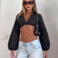 Women Deep V Front Twisted Knot Cropped Blouse Lapel Collar Long Lantern Puff Sleeve Slim Crop Top Solid Casual Shirt