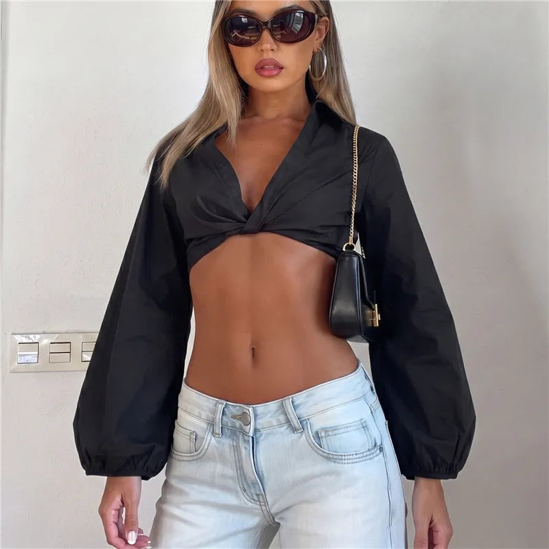 Women Deep V Front Twisted Knot Cropped Blouse Lapel Collar Long Lantern Puff Sleeve Slim Crop Top Solid Casual Shirt