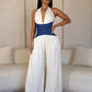 Contrast Patchwork Wide-Leg Jumpsuit Women Lace-Up Halter Low-Neck Backless Sleeveless Zipper Ruched Fashion Overalls