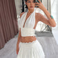 Sexy 2Piece Set Women Y2K Patchwork Lace V-Neck Sleeveless Backless Folds Halter Tops+Wave Edge Skirt Matching Suit