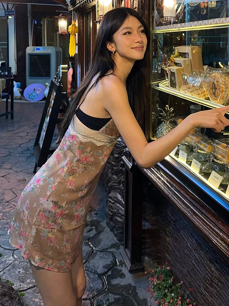 Patchwork Lace Dress Women Floral Print v-Neck Sleeveless Backless Summer Sweet Style Streetwear Skinny Mini Bodycon