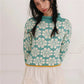 Oversized Cropped Knit Sweater Women Roll Neck Floral Jacquard Pattern Contrast Trim Long Sleeve Loose Pullover Knit Top