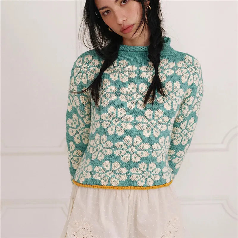 Oversized Cropped Knit Sweater Women Roll Neck Floral Jacquard Pattern Contrast Trim Long Sleeve Loose Pullover Knit Top