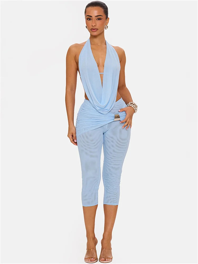 Mesh Patchwork 2 Piece Ste Woman Halter Swing Collar Backless Tank Tops+Metal Trim Elastic Waist Shorts Sexy Fashion Suits