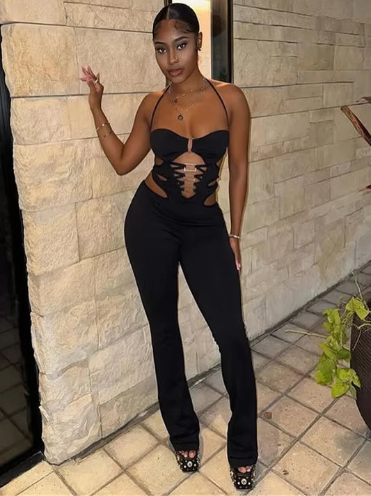 Hollow Cross Halter Jumpsuit Backless Sleeveless Square Metal Rings Peach Buttocks Midnight Sexy Workout Overalls