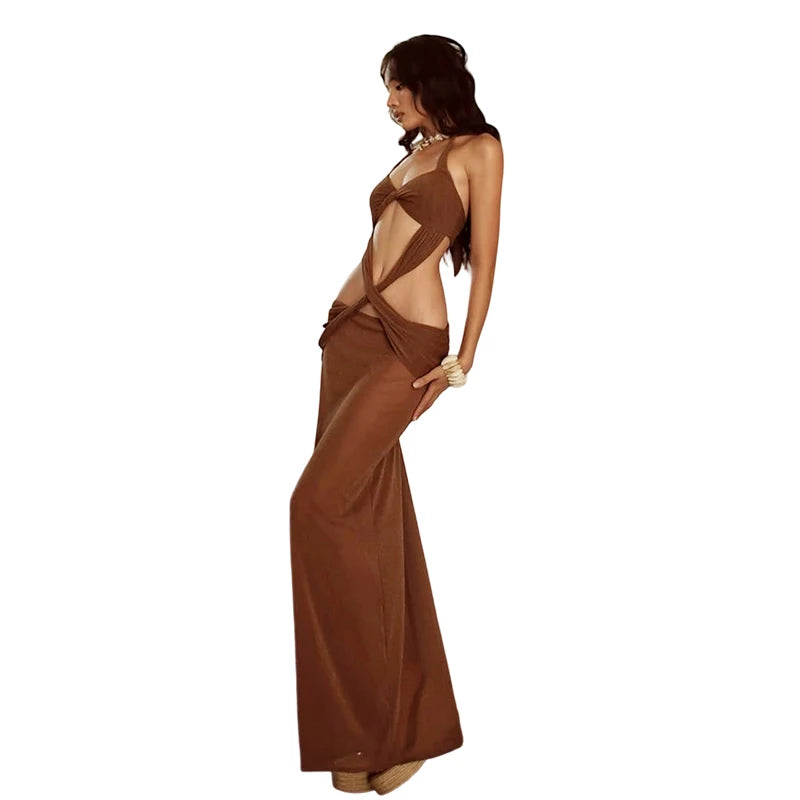 Knot Sexy Maxi Dress Women Halter Hollow Cross See Through Hem Sleeveless Backless Folds Beach Party Wild Vestidos
