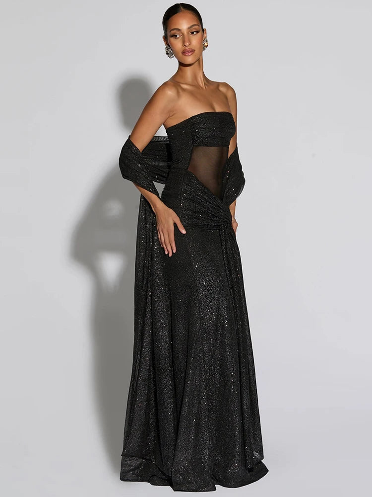 Sparkle Strapless Draped Sexy Maxi Dress Women Elegant Off-shoulder Sleeveless Backless Ruched Club Party Long Dress