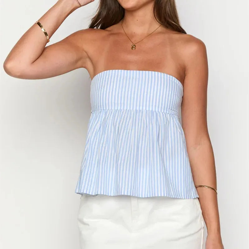 Y2K Vintage Strapless Tube Babydoll Top Women Back Bow Tie Gathered Peplum Flowy Solid Stripe Summer Beach Casual Tops