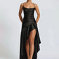 Satin Spaghetti Strap Ruffle Sexy Maxi Dress Women Off-shoulder Sleeveless Backless Thigh High Split Club Party Dress