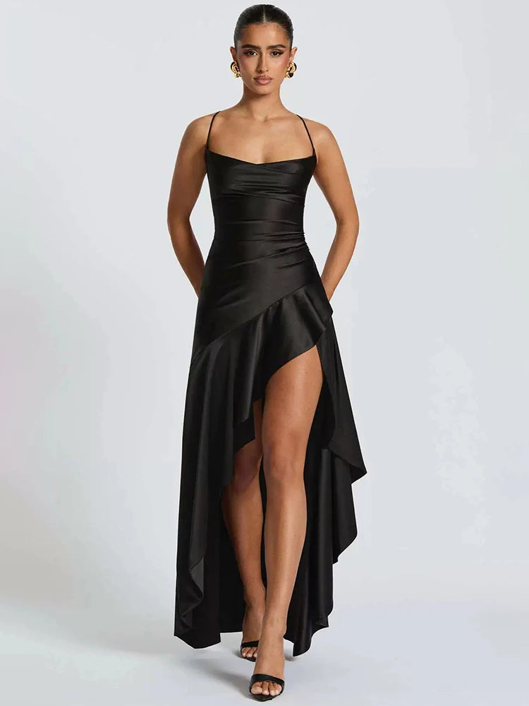 Satin Spaghetti Strap Ruffle Sexy Maxi Dress Women Off-shoulder Sleeveless Backless Thigh High Split Club Party Dress