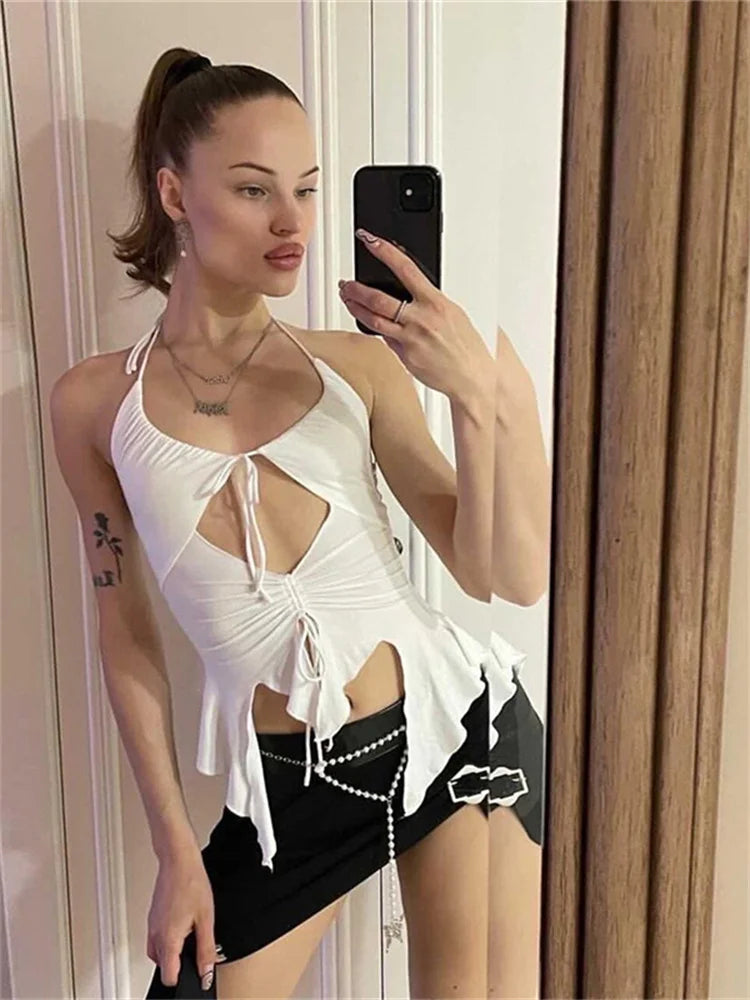 Y2k Hollow Tank Tops Women Sexy Shirring Irregular Camisole Solid Summer Backless Streetwear Fashion Skinny Outfit