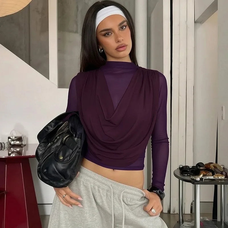 Sexy Crop Top with Draped Cowl Neck and Sheer Mesh Long Sleeves Black Purple Shirts for Woman Fall 2026