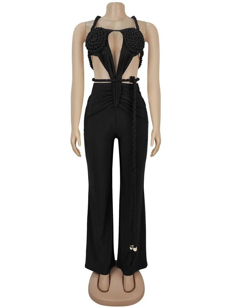 Hollow Jumpsuit Women Halter Chest Wrapped Waistless Backless Bandage Appliques Sexy Hottie High Street Hipster Overalls