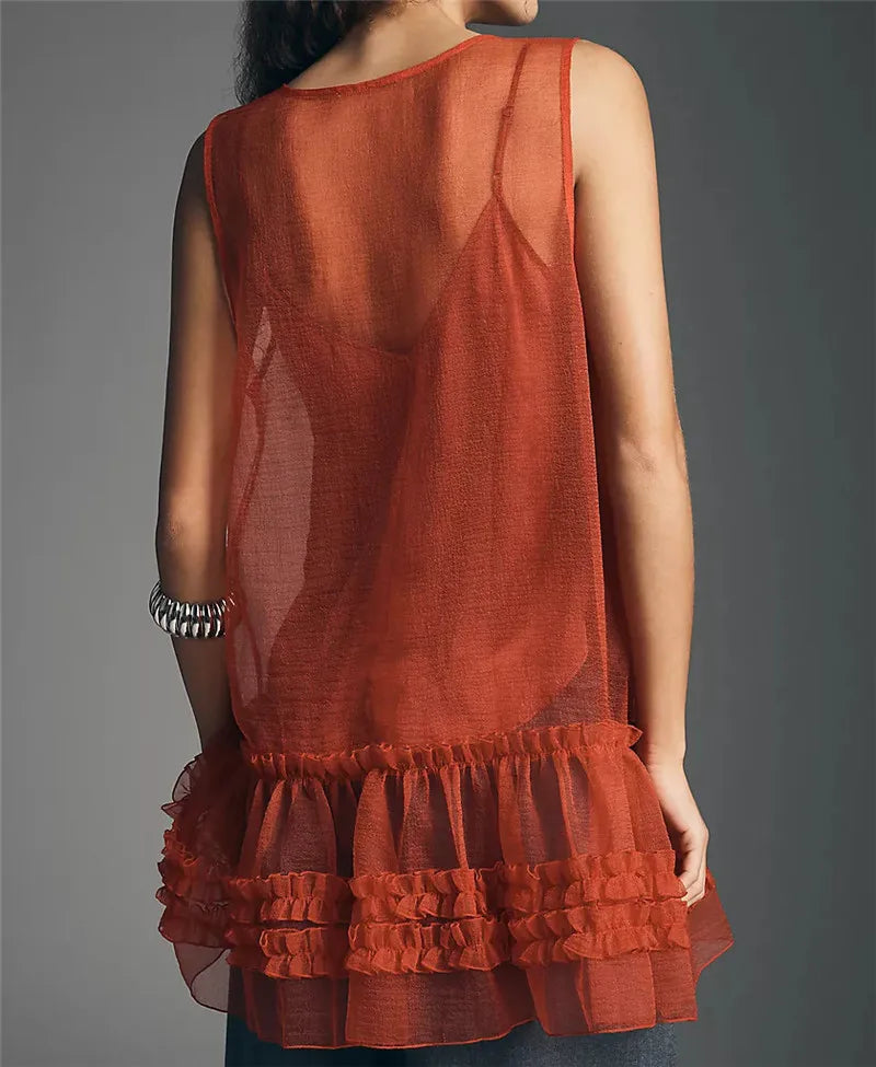 Women Sheer See Through Tank Tops Summer Layered Ruffle Sleeveless Shirt Basic Vest Y2K Aesthetic Clothes for Streetwear