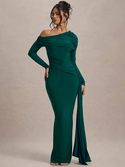 One Shoulder Long Sleeve Draped Maxi Dresses Elegant New Years Outfits for Women Party Evening Dress
