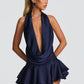 Satin Halter Backless Sexy Mini Dress Women Elegant Glitter Sparkle Deep V Neck Ruffle Hem Bodycon Club Party Dress